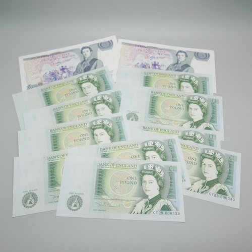 802 - Ten £1 notes in sequence, CY29 006338- CY29006347 and two £5 notes SB05289233 and 34