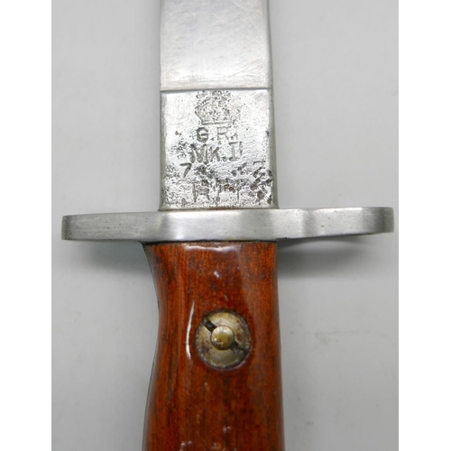 803 - A trench knife, cut down bayonet, marked GR, Mk II