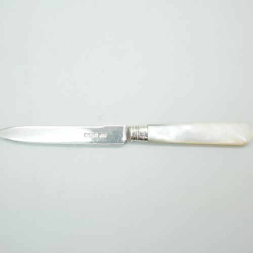 831 - A cased set of mother of pearl and silver dessert knives, Sheffield 1923, total weight 129g