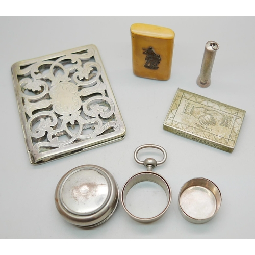 838 - Two vesta cases, a silver cigar spiker, a collapsible cup in a pocket watch type case and a plated w... 