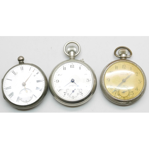 842 - A silver pocket watch, London 1876, lacking loop, and two other pocket watches