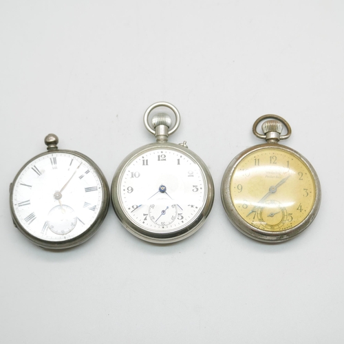 842 - A silver pocket watch, London 1876, lacking loop, and two other pocket watches