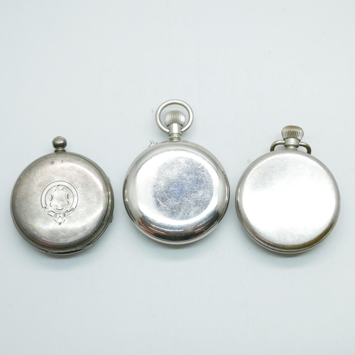 842 - A silver pocket watch, London 1876, lacking loop, and two other pocket watches