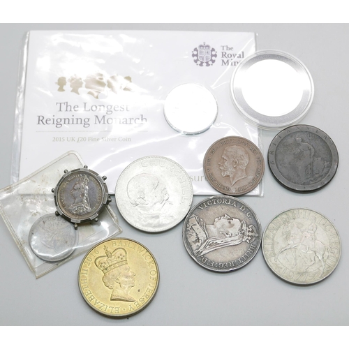 847 - Coins including a USA 1877 quarter dollar, Carson City mint, a Victorian 1889 crown, one other Victo... 