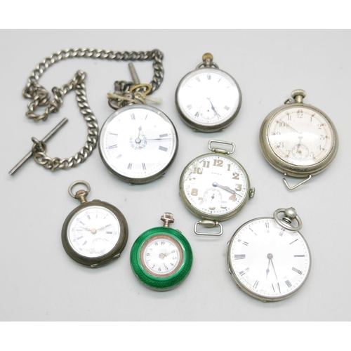 849 - An 800 silver fob watch with silver Albert chain, an enamelled fob watch lacking loop, four other fo... 