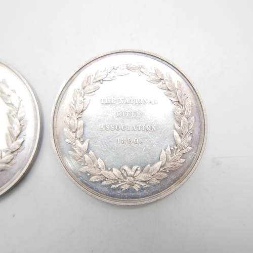 864 - Two National Rifle Association silver medallions, 1860, 106.7g, 46mm