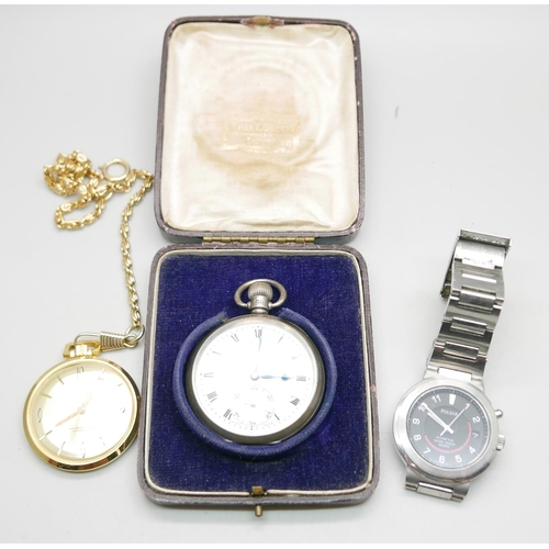 881 - A silver pocket watch, Kays, cased, together wtih a Mortima pocket watch and a Pulsar wristwatch