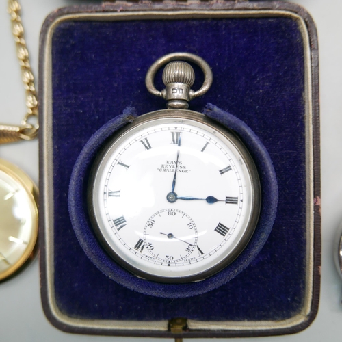 881 - A silver pocket watch, Kays, cased, together wtih a Mortima pocket watch and a Pulsar wristwatch