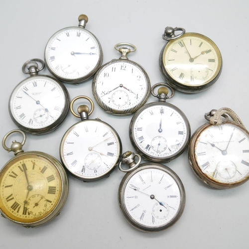 884 - Seven silver pocket watches and two others