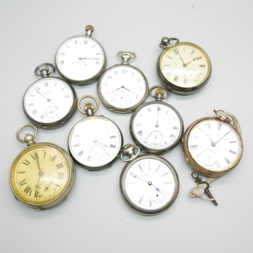 884 - Seven silver pocket watches and two others