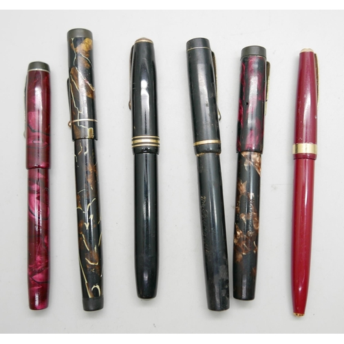 903 - Six fountain pens, Conway Stewart x3, Watermans x2 and Burnham, all with 14ct gold nibs