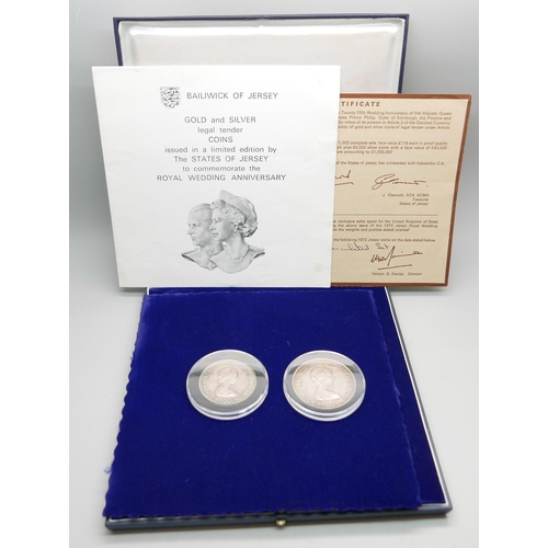 906 - Two commemorative coins in a presentation box; 25th Wedding anniversary silver coins