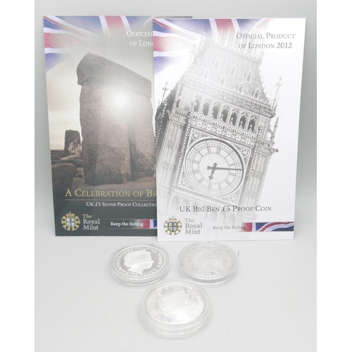 907 - Three London 2012 Olympics five pound proof coins, including The Mind Series Stonehenge sterling sil... 