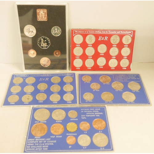 912 - English and Scottish shilling sets, a 1971 coin set, a first decimal coin set (1968-1970) and first ... 