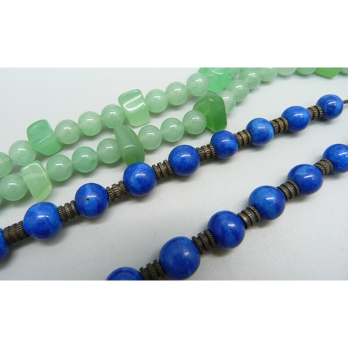 967 - A lapis lazuli necklace and a jade necklace, 40cm and 52cm