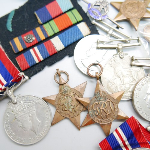 891 - WWII medals, other medals, etc., including a WWI Victory medal to 4298 Pte F Lutkin Camb R