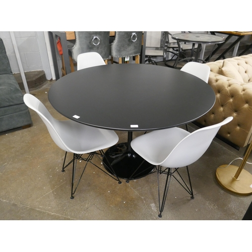 1479 - A Charles and Ray Eames style cast iron based tulip table, 120cm, and four Eiffel chairs in grey wit... 