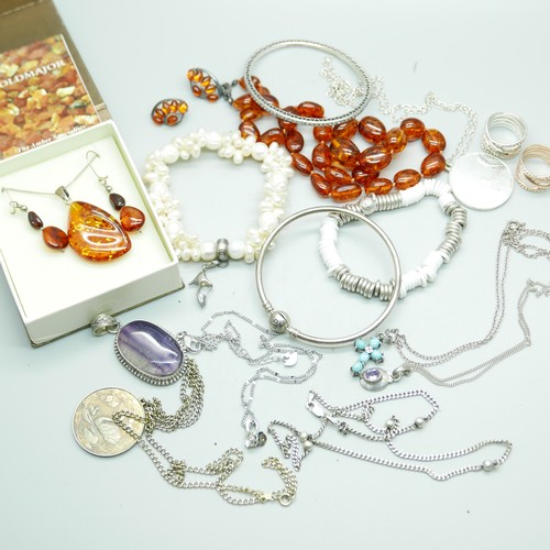 846 - Two Pandora silver bangles, other silver and silver  mounted jewellery and an amber necklace