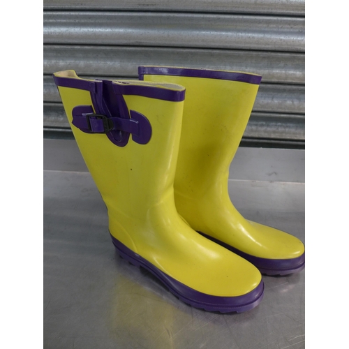 2424 - 3 Pairs of Wellington boots; Schuh black size 6 and unbranded yellow and purple size 6 plus a pair o... 