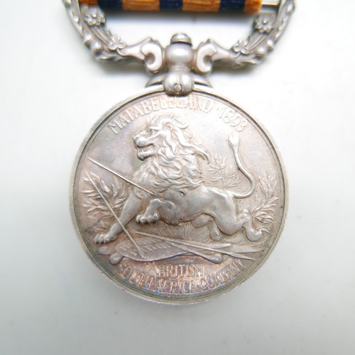 895 - A British South Africa Company Medal with 1896 clasp, loose on ribbon to Victoria Column, name erase... 