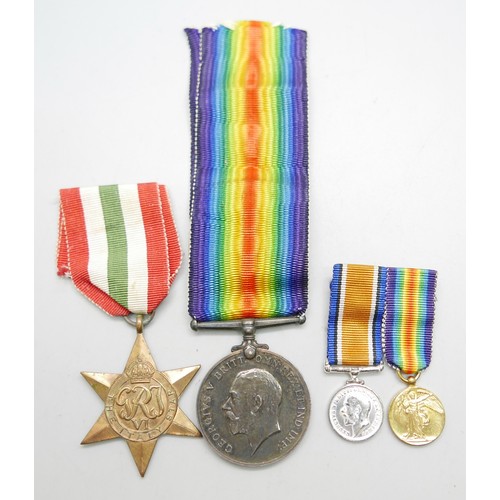 897 - A WWI British War Medal to 1311 Pte RWS Parker 5-Lond R, Italy Star and two miniatures