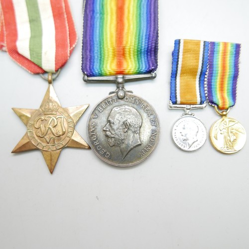 897 - A WWI British War Medal to 1311 Pte RWS Parker 5-Lond R, Italy Star and two miniatures