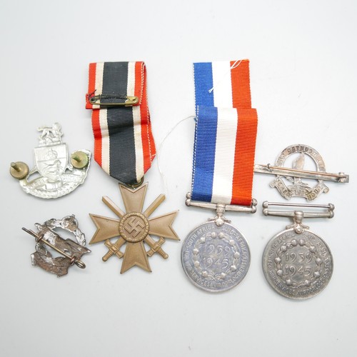 898 - Two South African For War Services Medals, a German Cross medal and three badges