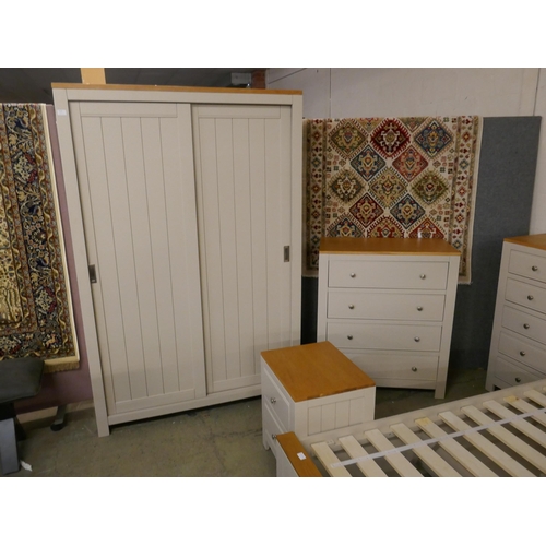 1520 - An ex-display Milford wardrobe, king size bedframe, tallboy, chest of drawers and bedside chest