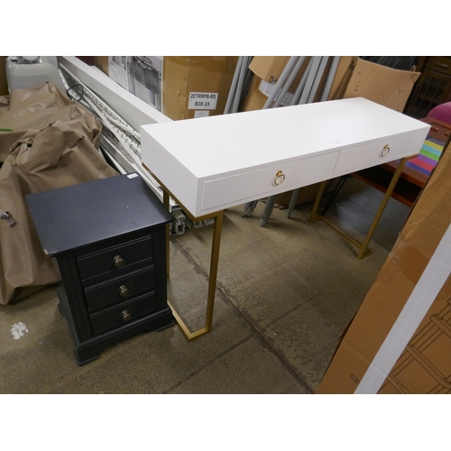 1539 - A white two drawer console table with gold legs and bedside chest