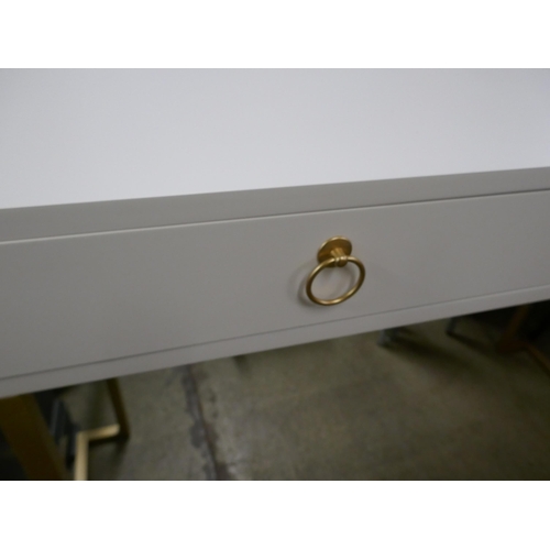 1539 - A white two drawer console table with gold legs and bedside chest