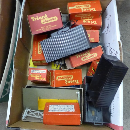 2104 - 5 Boxes of OO gauge model railway including Tri-ang R.113 goods wagons, R.61 signal box, R.19 Tarpau... 