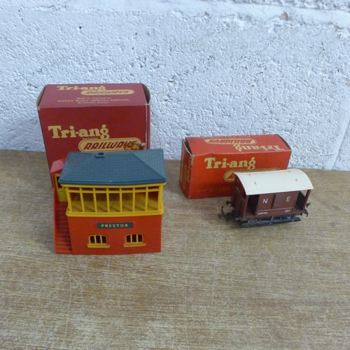 2104 - 5 Boxes of OO gauge model railway including Tri-ang R.113 goods wagons, R.61 signal box, R.19 Tarpau... 