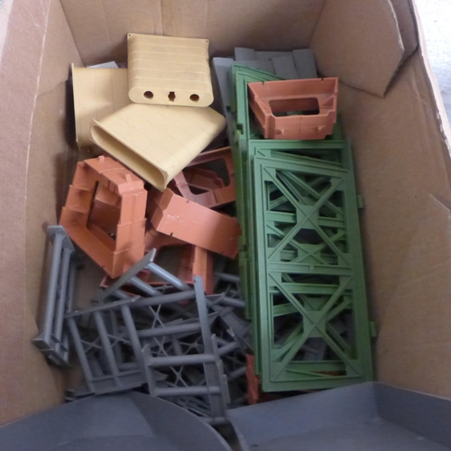 2104 - 5 Boxes of OO gauge model railway including Tri-ang R.113 goods wagons, R.61 signal box, R.19 Tarpau... 