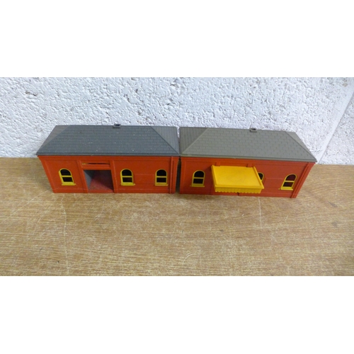 2104 - 5 Boxes of OO gauge model railway including Tri-ang R.113 goods wagons, R.61 signal box, R.19 Tarpau... 