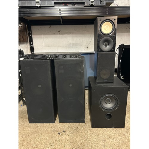 2159 - A pair of KEF SP3076 100w speakers, a pair of smaller Sony bookshelf speakers, a Monacor 120 watt su... 