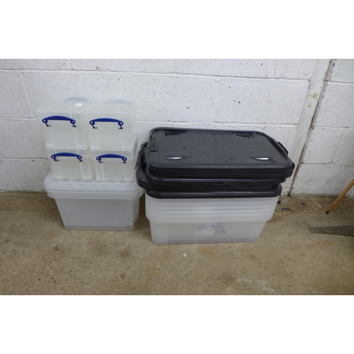 2418 - 7 x 32l plastic under bed storage boxes with lids and 4 x 3l Really Useful plastic storage boxes wit... 