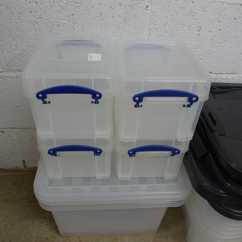 2418 - 7 x 32l plastic under bed storage boxes with lids and 4 x 3l Really Useful plastic storage boxes wit... 