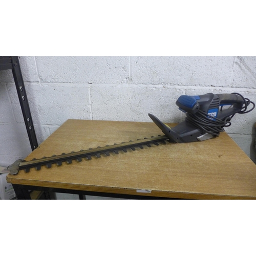 2048 - A Mac Allister MHT520 240v hedge trimmer, a Draper PT141 orbital sander and a tile cutter