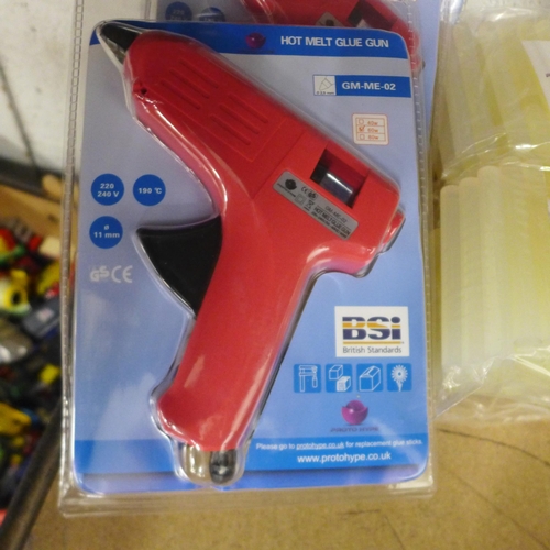 2102 - 3 Protohype Hot Melt glue guns, 240v 60w to BSI standards - sealed and unused plus 200 glue sticks (... 