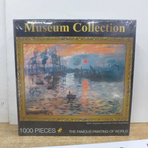 2124 - 3 x 1000 piece jigsaw puzzles; Monet's Soleil Levant, Musee du Louvre and Taj Mahal, sealed