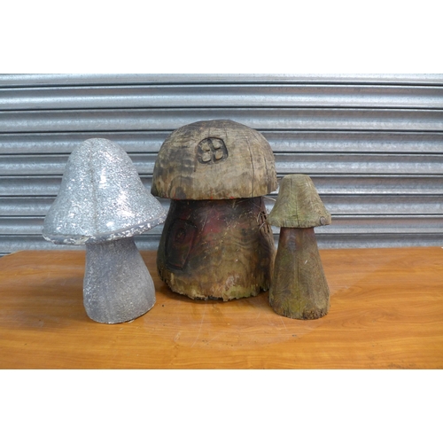 2228 - 3 wooden mushroom style garden ornaments