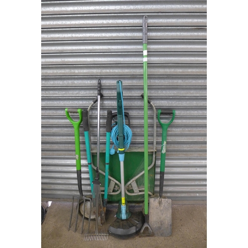 2234 - Mixed garden tools, McGregor strimmer, rake, loppers, fork, spade and metamorphic wheelbarrow (folda... 