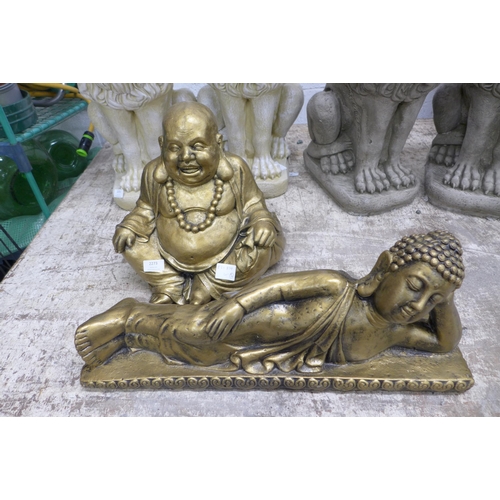 2273 - Two gold effect concrete Buddha statues