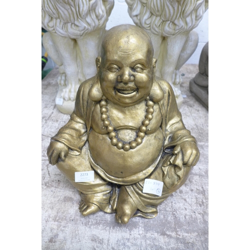 2273 - Two gold effect concrete Buddha statues