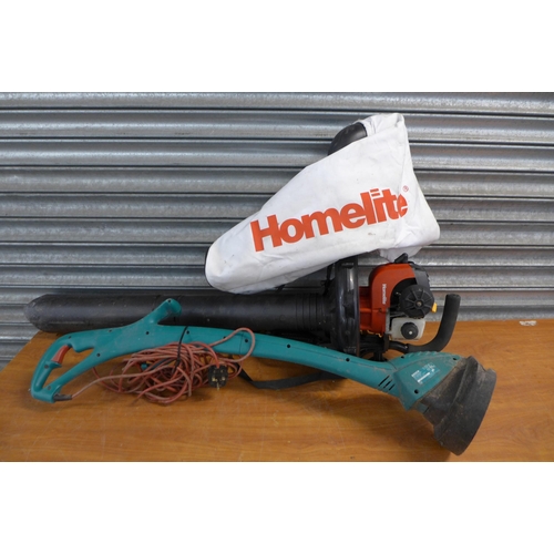 2297 - A Homelite Mighty two stroke petrol blower and a Bosch Easy Trim 240v electric garden strimmer