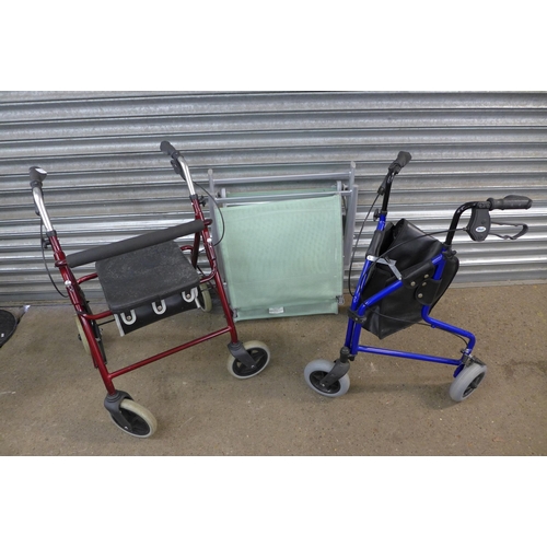 2305 - A garden recliner and two mobility rollator walkers including Roma Medical and Days