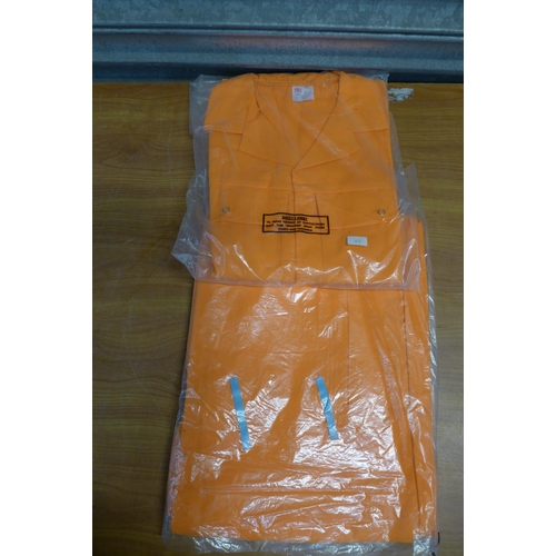 2333 - A box of fluorescent work wear including 4 orange boiler suits, a hi-vis vest and a pair of work tro... 