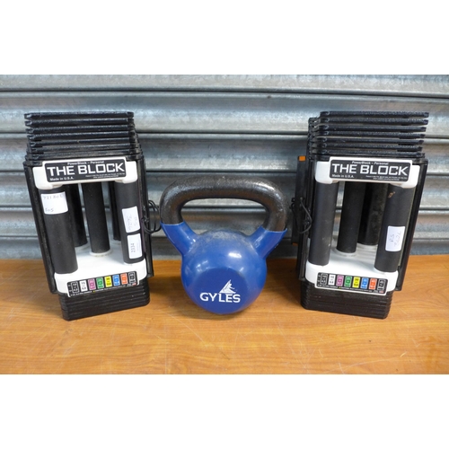 2334 - A full set of power block 'The Block' adjustable dumbbell weights with a range from 4.5kg to 20.4kg ... 