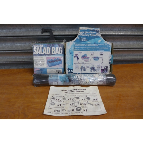 2335 - 2 lots of micro irrigation sets with fittings, a 5m x 1.5m roll of weed control membrane, a Green Bl... 