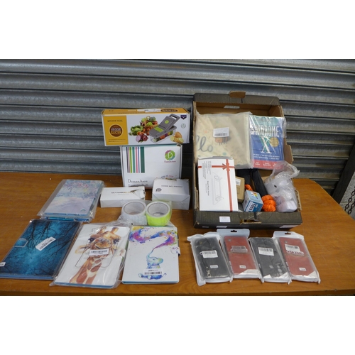 2384 - Five boxes of consumables, phone holders, chargeable fans, light bulbs, books, etc.